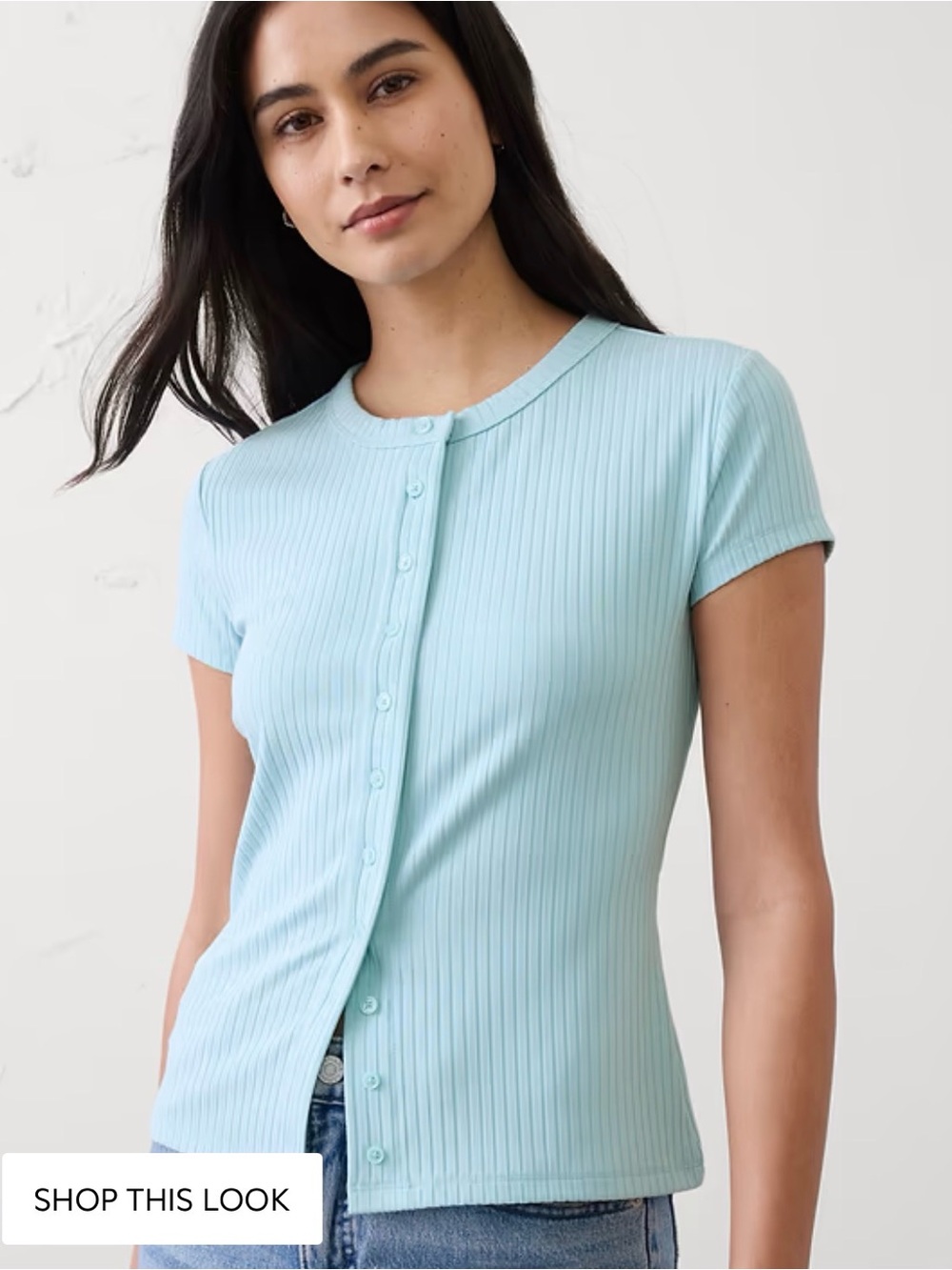Light Blue Ribbed Button-Front Women's Top